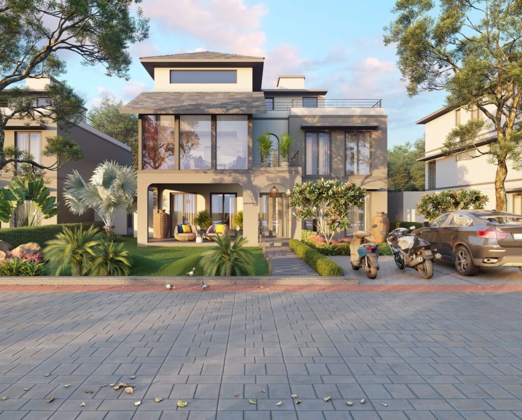 Kunj Vihar Villa with modern residential architecture, landscaped garden and spacious driveway