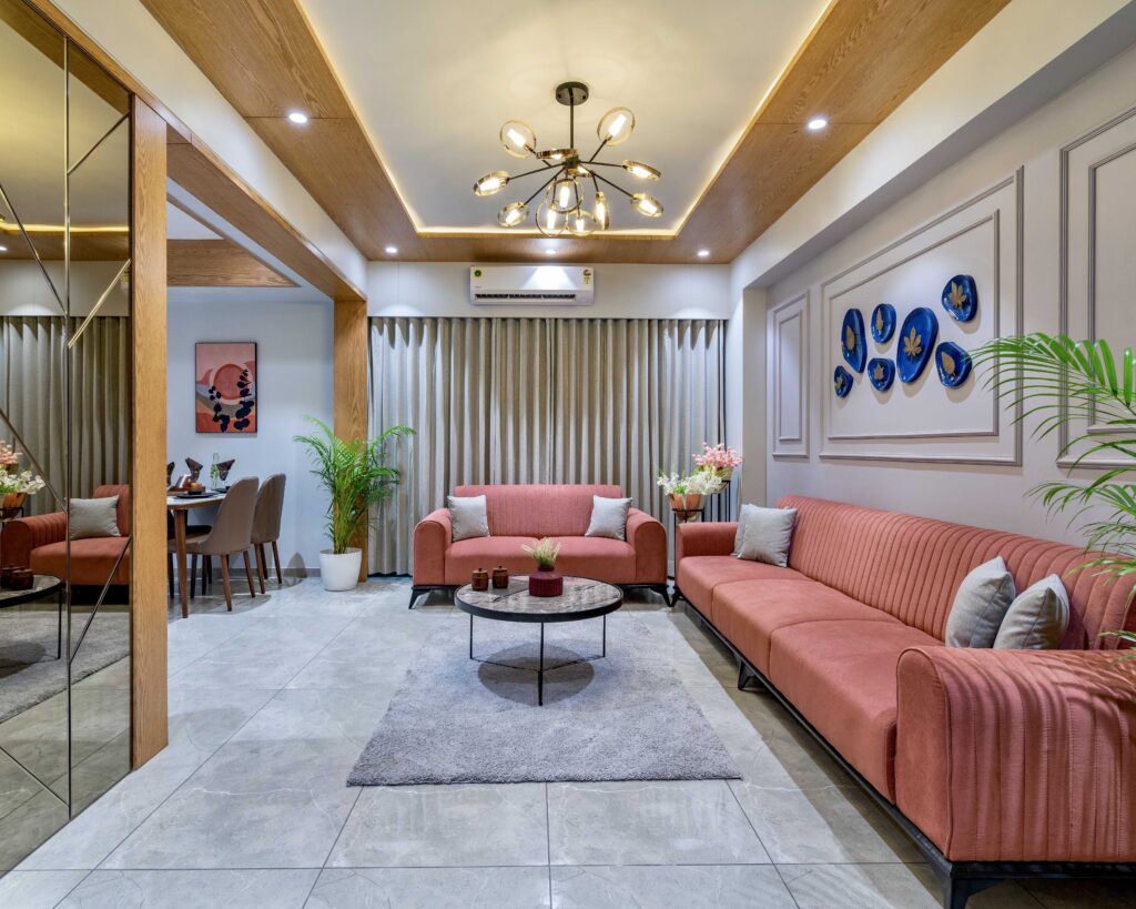 Radhe Helios living room interior with contemporary furniture and warm wood details