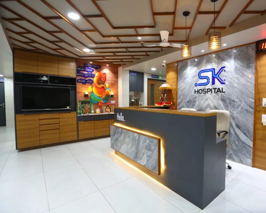 SK Hospital reception area showcasing the project partnership with Tejas Patel